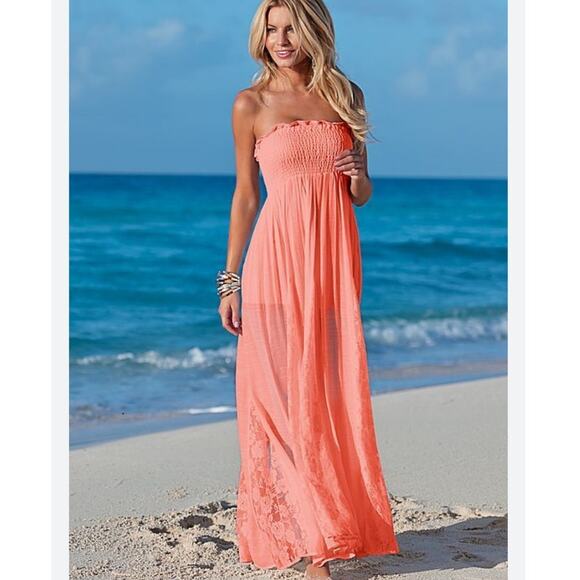 Venus Strapless Coral Lace Panel Maxi Dress Size L Beach Boho Bohemian Flowy - Picture 1 of 9